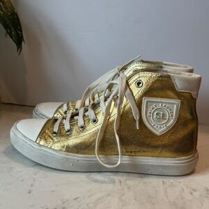 Distressed Calfskin Bedford Logo-Appliqued Hightop Sneakers 6.5 Gold Cream White
